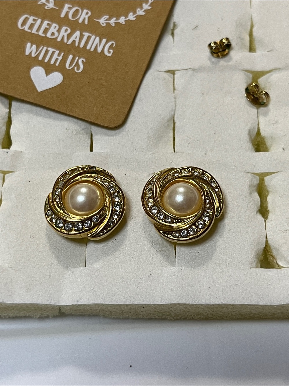Napier Gold-Tone Pearl Center and Crystal Swirl Stud Earrings